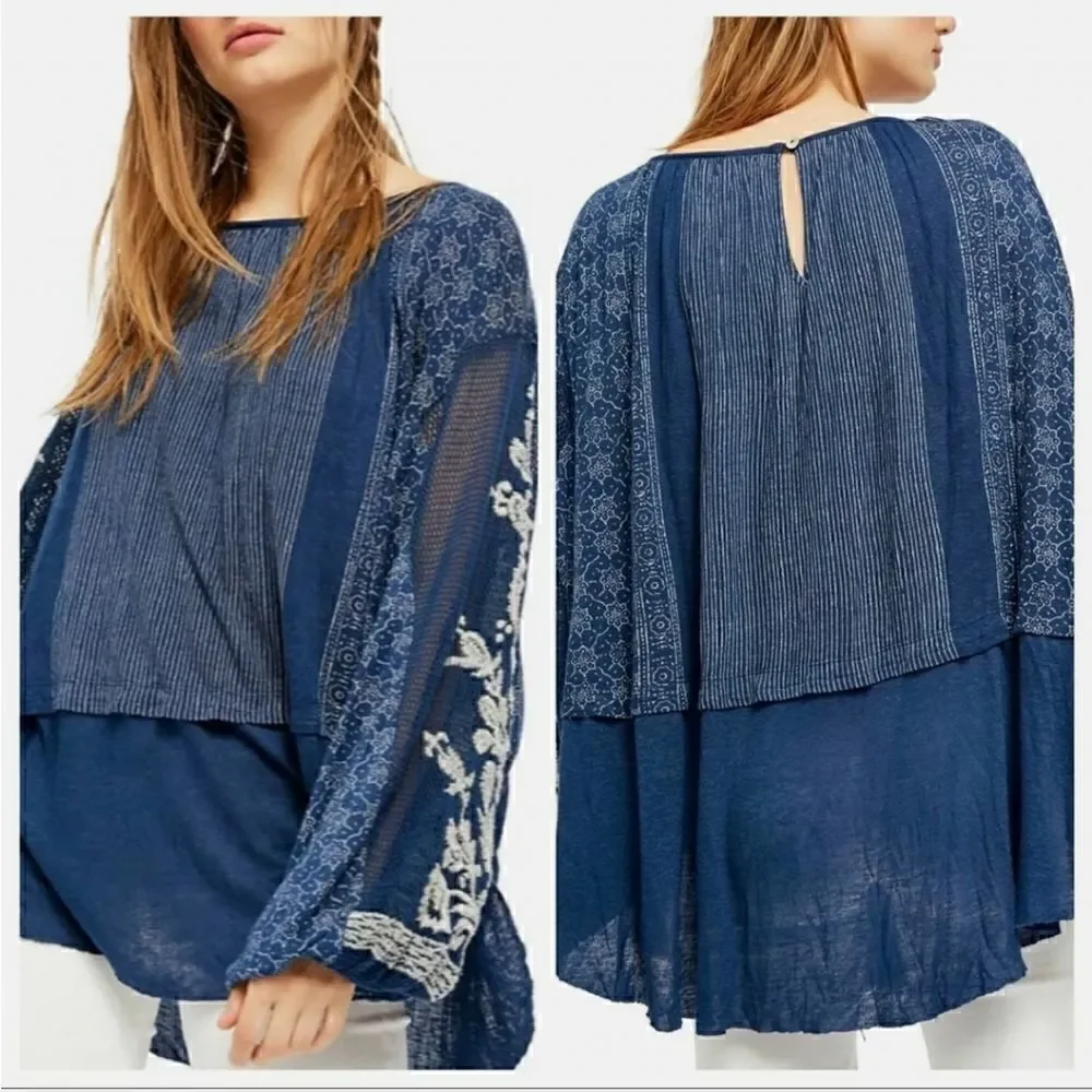 Free People Indigo Dreams Embroidered Tunic size small